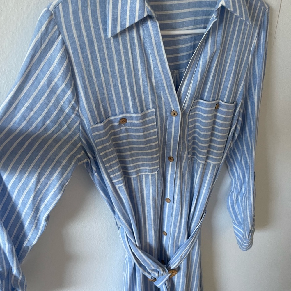 Zara women’s Blue Dress belted, long sleeve  White stripe long Dress shirt Small - Picture 3 of 12